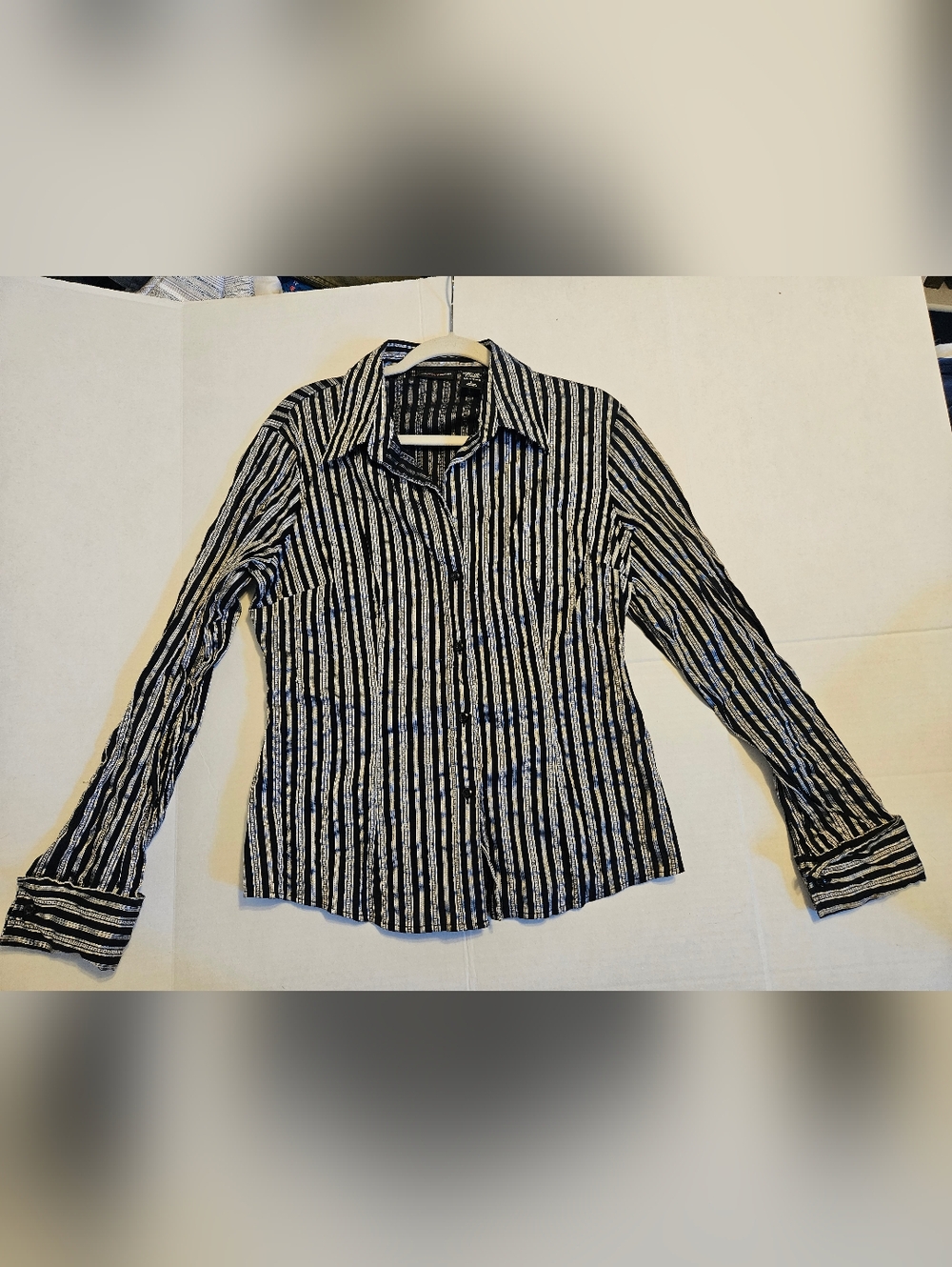 New York & Company Black and Silver Vertical Stripe Shirt